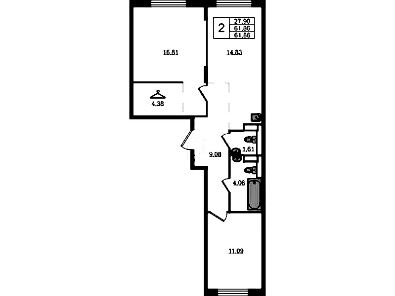 2-комнатная квартира 61.86 м², 3/12 эт., ЖК «Новые Лаврики»